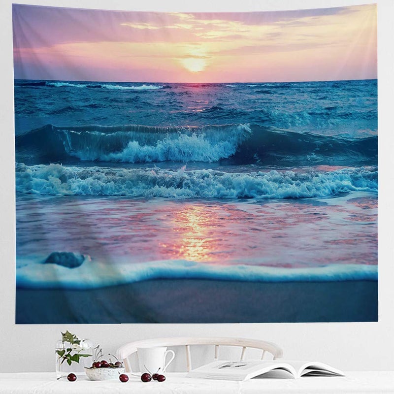 IcosaMro Ocean Tapestry Wall Hanging, Sea Beach Wave Sun Cloud Landscape Scenery Nature Wall Art [Double-Folded Hems] Bohemian Home Decor for Bedroom, Dorm, College, Living Room, 60x82.7, Blue - Image 4